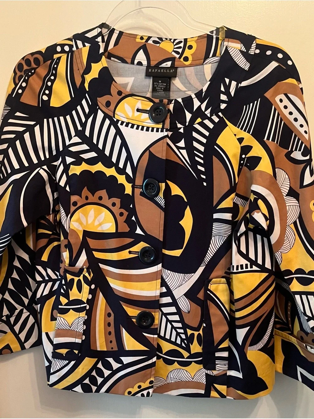 Rafaella Graphic Abstract Button-Front Jacket — Yellow, Navy & Brown - Sz M